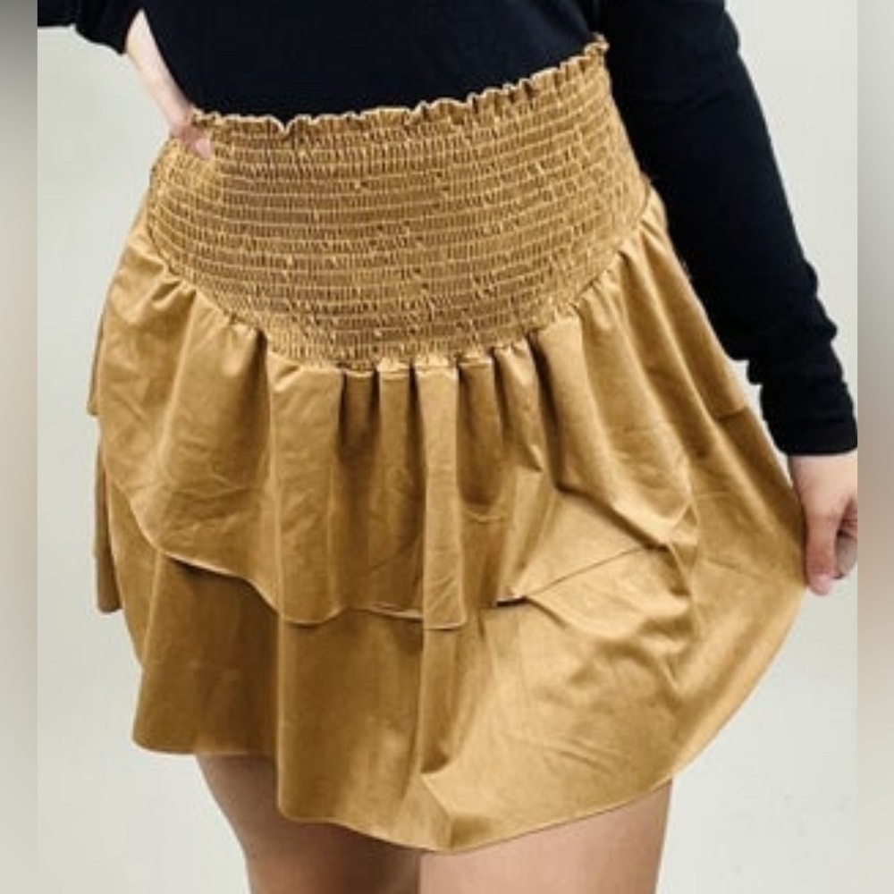 ⭐️NWT - GeeGee - Camel Microsuede Smocked Tiered Skirt - Woman's Size Small